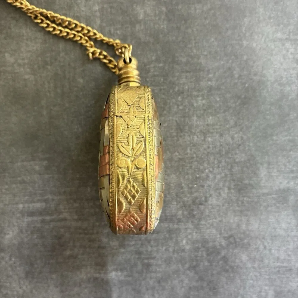 Vintage Perfume Bottle Necklace Pendant Chatelaine Woven Mixed Metal Flask 1.6oz